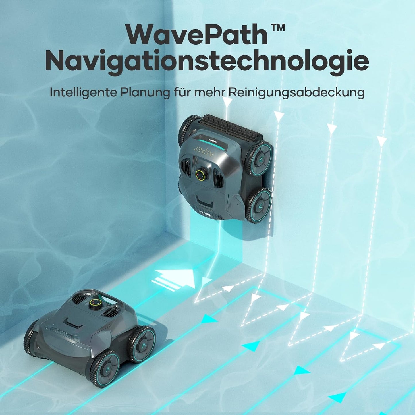 AIPER Poolroboter mit Quad-Motor, WavePath Navigation, 3 Reinigungsmodi, kabellos für Pools bis 150㎡